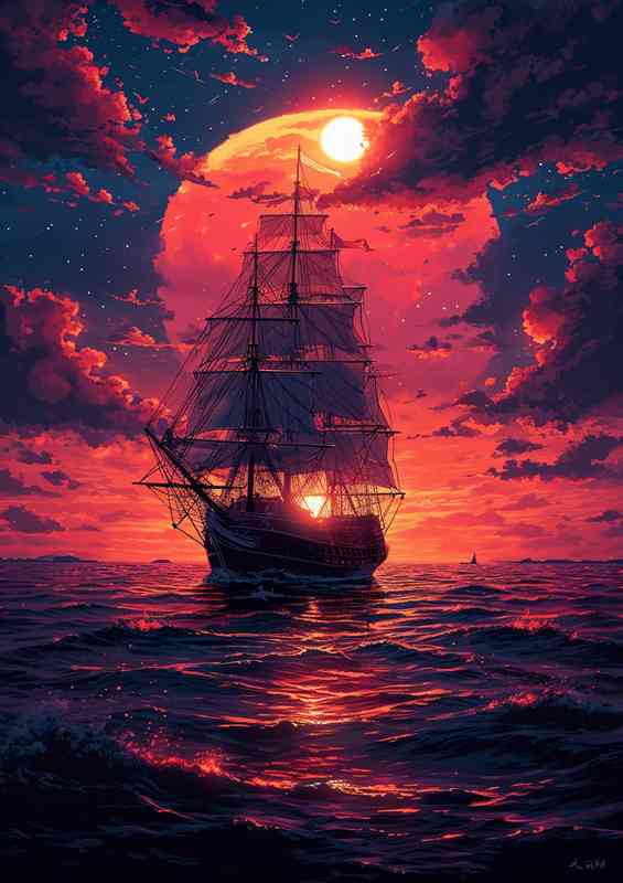 Red Sunset and sailing ship | Metal Poster
