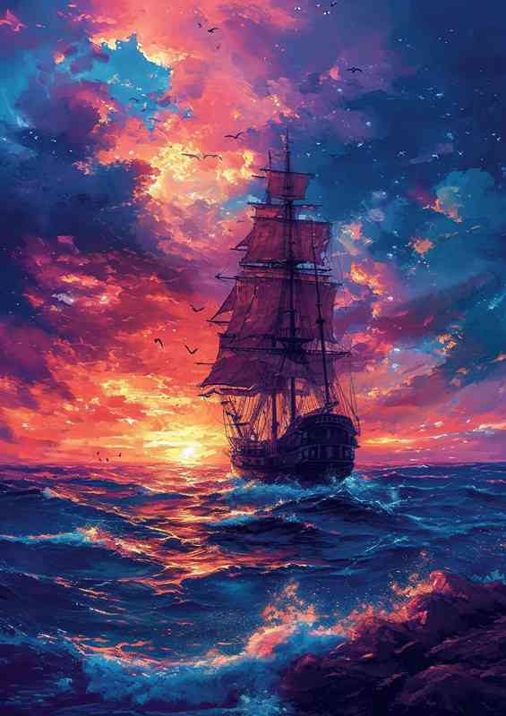 Seascape with a pirate ship at dusk | Metal Poster