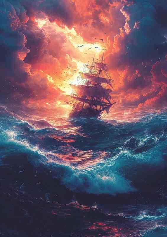 Seascape with rough sea and a pirate ship | Metal Poster