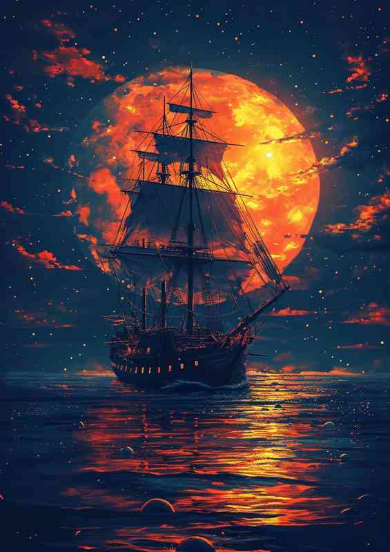 pirate ship under the orange moonlit sky | Metal Poster