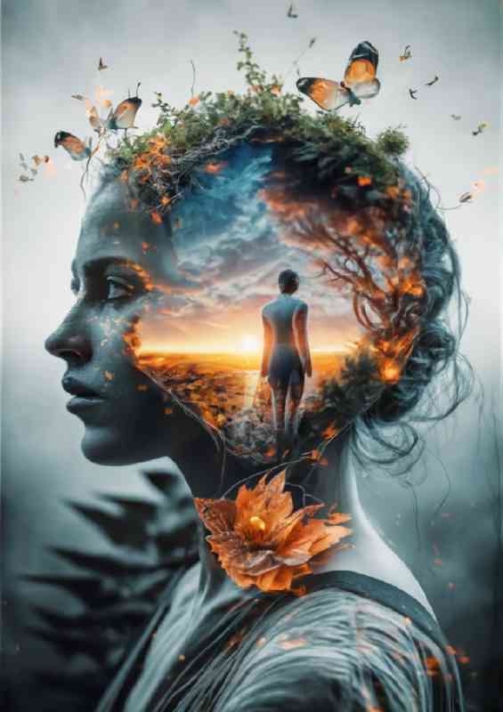 Double exposure lady and the flowers | Metal Poster