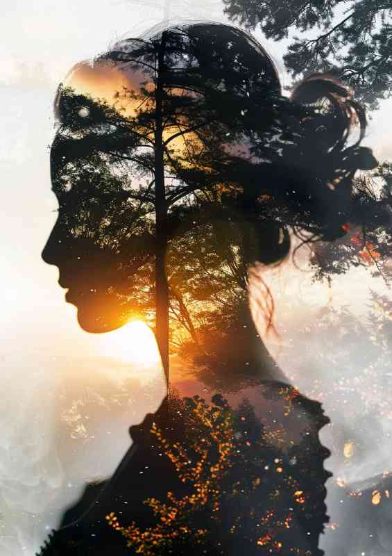 Lady silhouette with sunrise and trees | Metal Poster