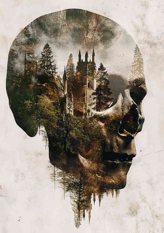 Skull heand and a forest double exposure | Metal Poster