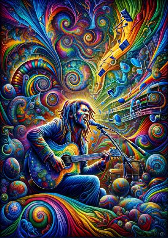 Psychedelic Art painting of a musician inspired by Bob Marley | Metal Poster