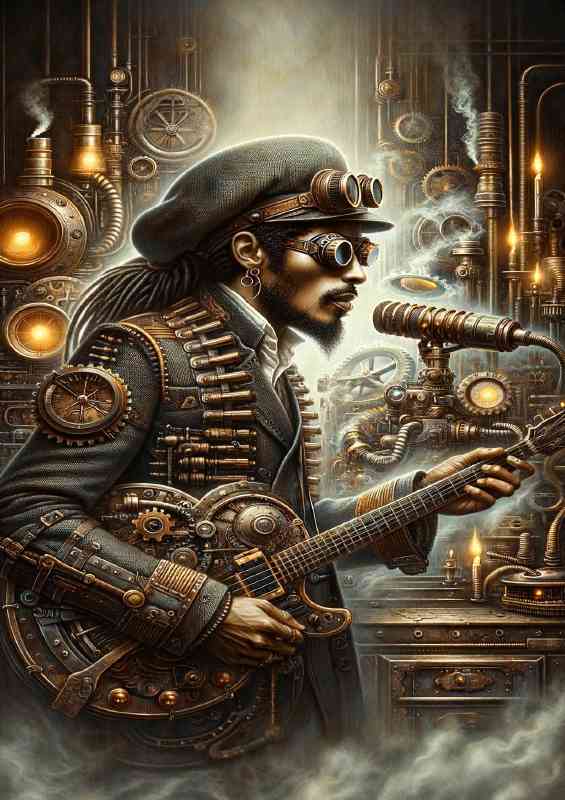 Steampunk painting of a musician inspired by Bob Marley | Metal Poster