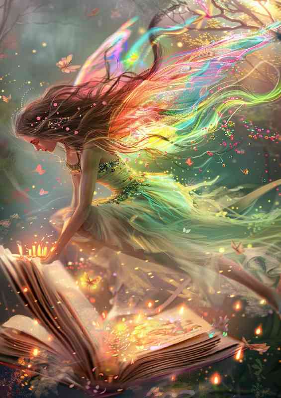 Beautiful Fairy is flying over an open book | Metal Poster