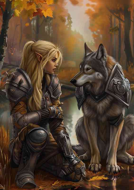 Blonde Elf girl in armor with strong Wolf | Metal Poster