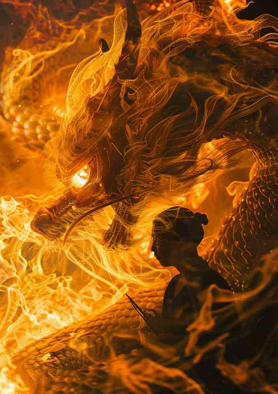 Buddhist a fire dragon with a man in fire | Metal Poster