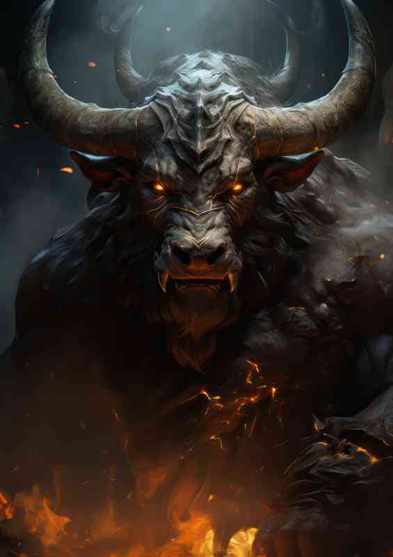 Bull in a fantasy battle in the style of realistic | Metal Poster