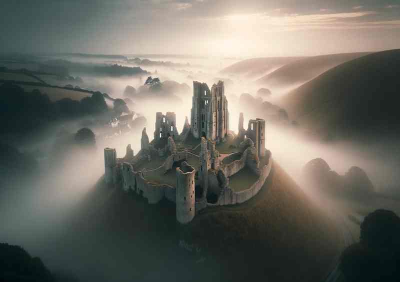 Corfe Castle Ruins Dorset Misty Dawn | Metal Poster
