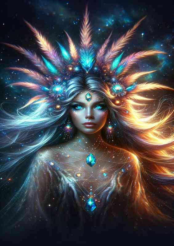 Celestial Woman adorned with cosmic feathers and glowing crystals | Metal Poster