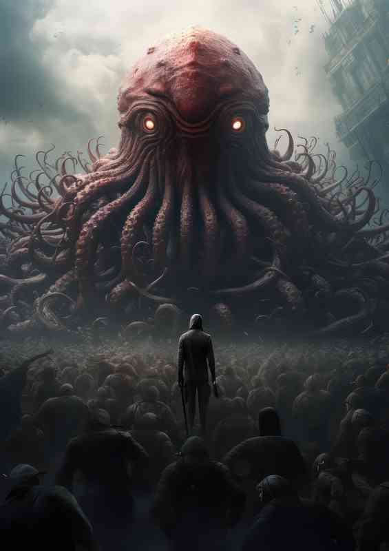 Coiled tentacle Krakken is_standing in an army of soldiers | Metal Poster