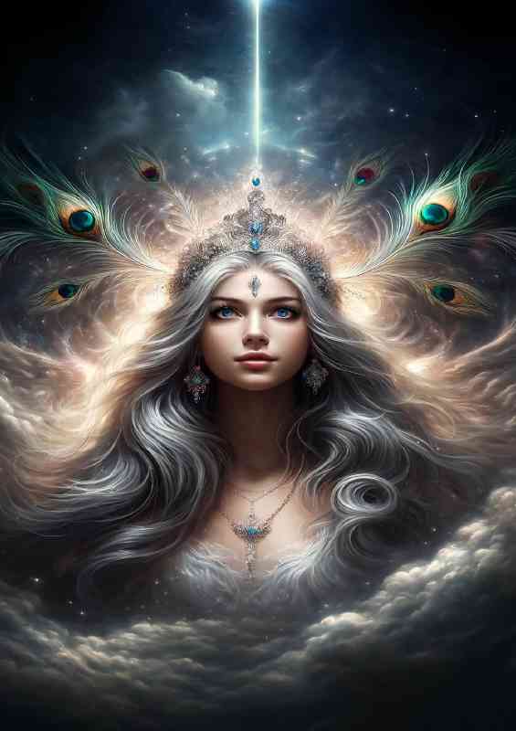 Divine goddess with long wavy silver hair radiant crown | Metal Poster