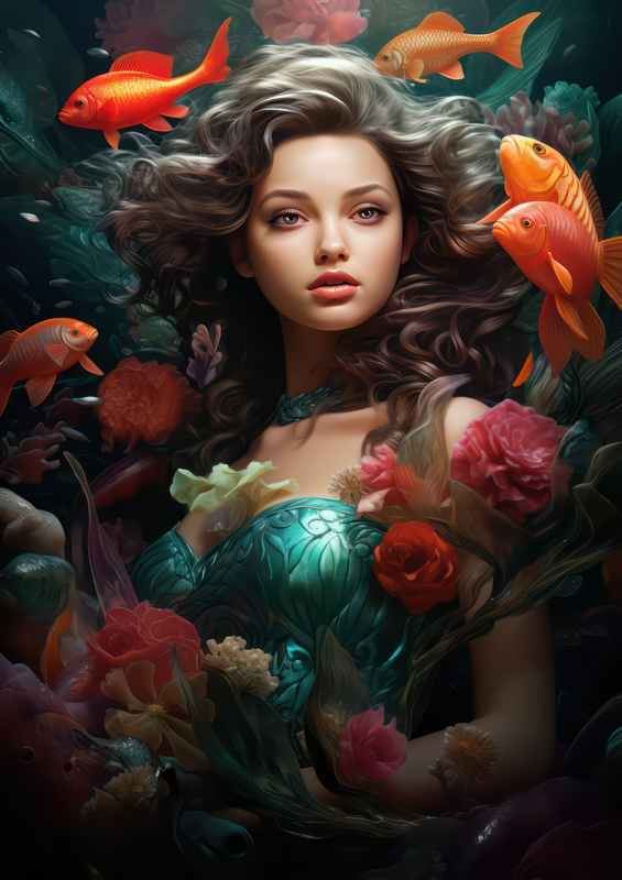 Princess in the pool with corals and fish | Metal Poster