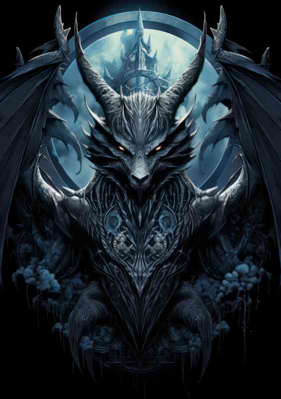 Dragon flying near the moon with pentacle | Metal Poster