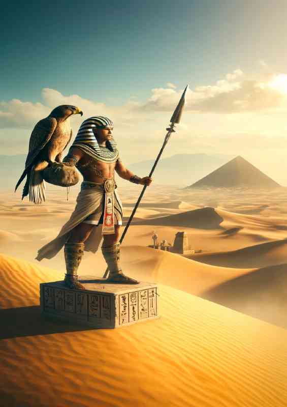 Egyptian warrior with a majestic falcon standing atop a dune | Metal Poster