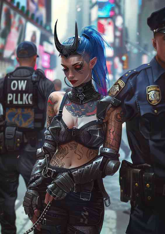 Female Tiefling with blue hair and tattoos wearing leather | Metal Poster