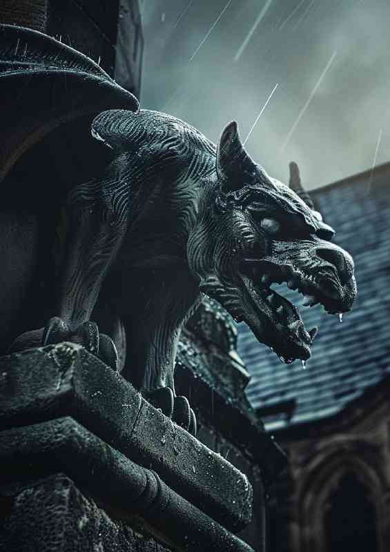 Gargoyle statue on the side of an old building | Metal Poster