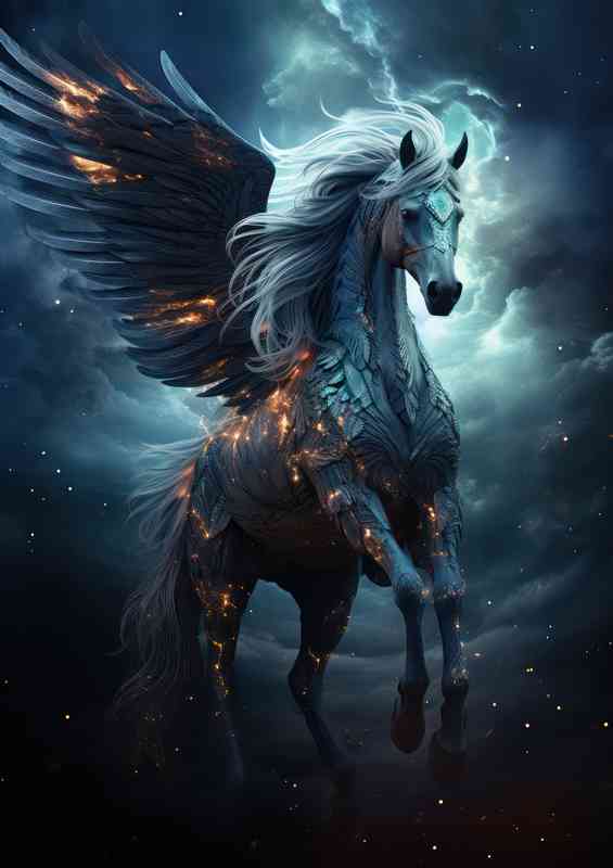 Horse flying with wings in the black starry sky | Metal Poster