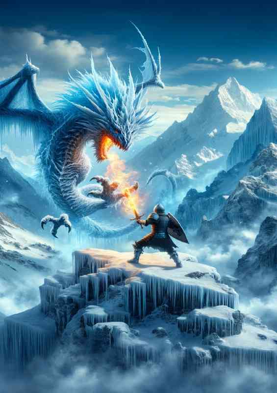Knight dueling with an ice dragon atop a snowy mountain peak | Metal Poster