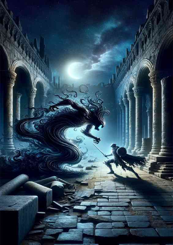 Knight fighting a shadow creature in an ancient ruined city at night | Metal Poster