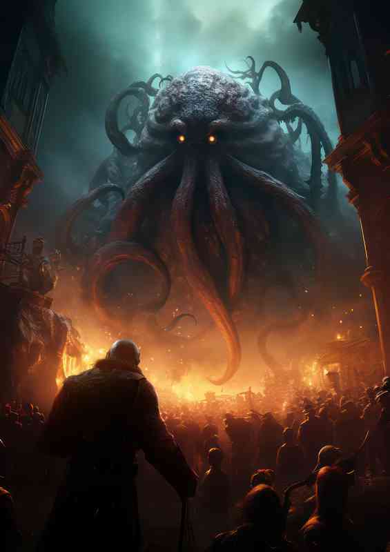 Kraken octopus fire in front of people | Metal Poster