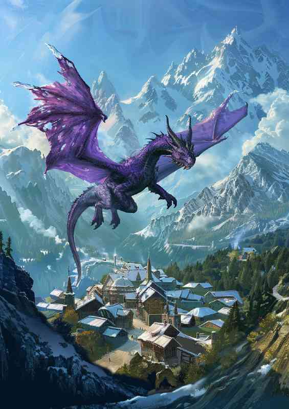 Large purple Dragon flying over the local village | Metal Poster