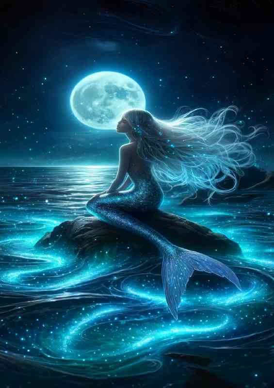 Mermaid with flowing silver hair perched on a moonlit rock | Metal Poster