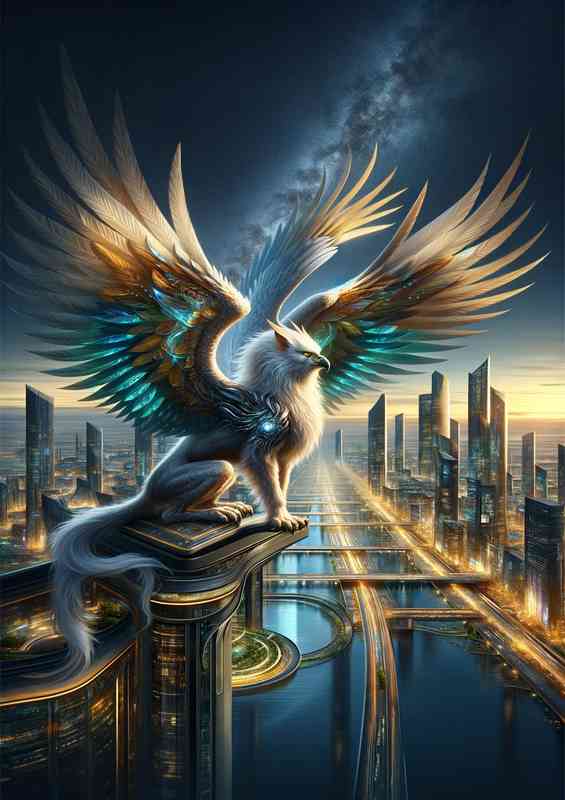 Mythical griffin perched on a futuristic skyscraper | Metal Poster