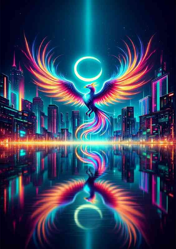Neon Phoenix its wings spread wide as it flies over a futuristic city | Metal Poster