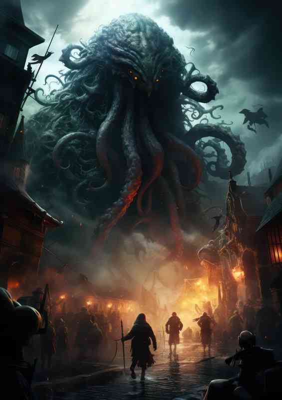 Octopus Kraken in the village of people | Metal Poster