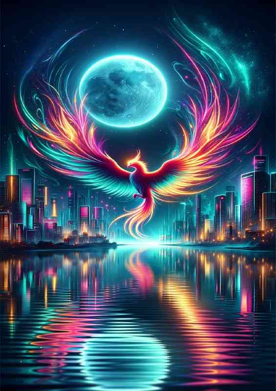 Phoenix in neon colors circling above a futuristic city | Metal Poster