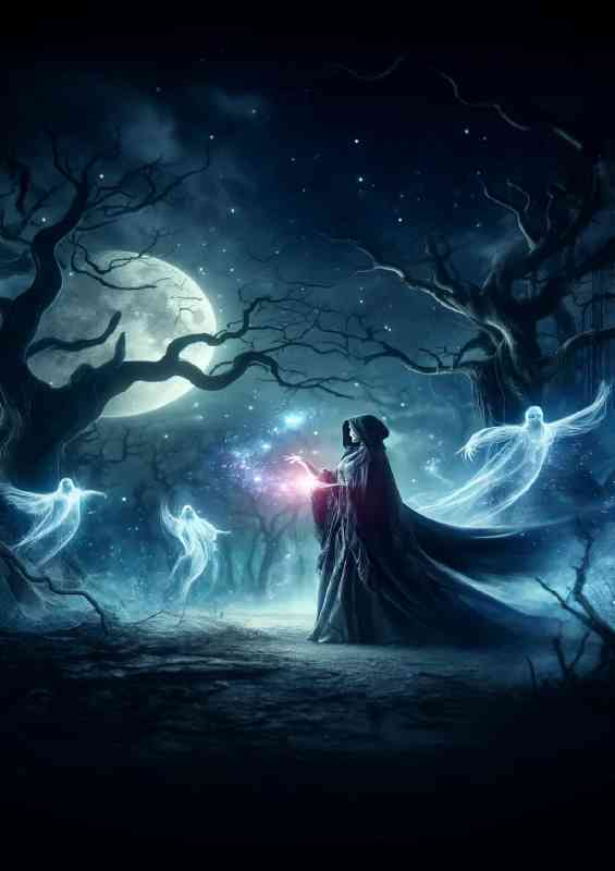Sorceress in a moonlit grove her cloak billowing | Metal Poster