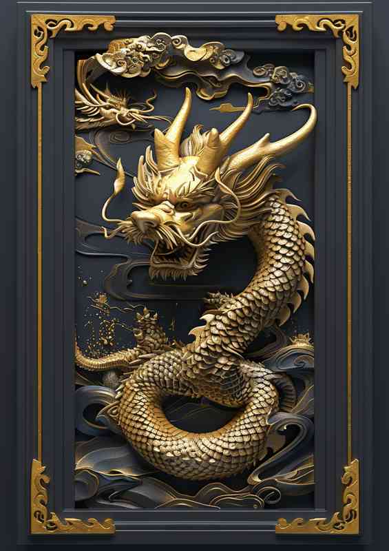 The Golden Dragon in the black surround | Metal Poster
