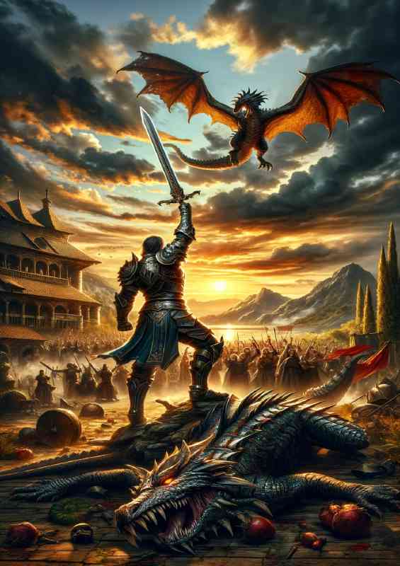 Warrior standing victorious over a slain dragon with a crowd | Metal Poster
