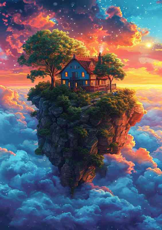Colorful house on an island in the clouds | Metal Poster