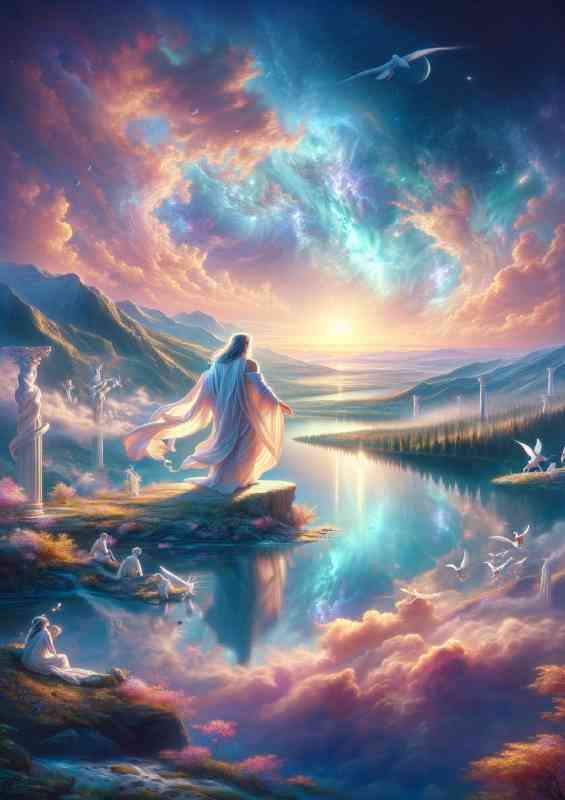 Serene moment in a heavenly landscape featuring a god like figure | Metal Poster