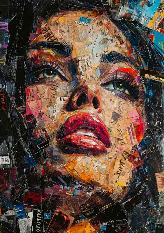 A collage of magazines covers the face street art | Metal Poster