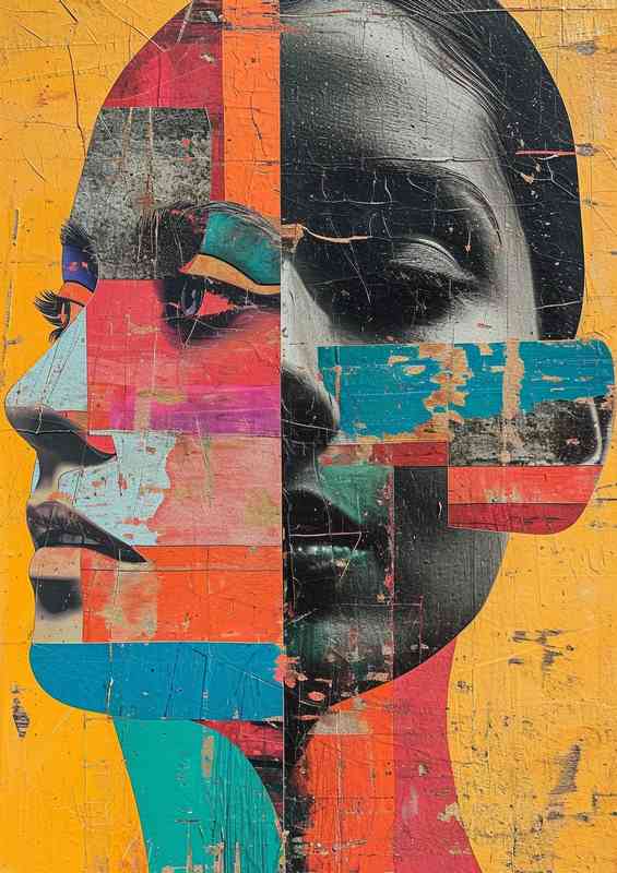 A colorful collage features a human head with two faces | Metal Poster