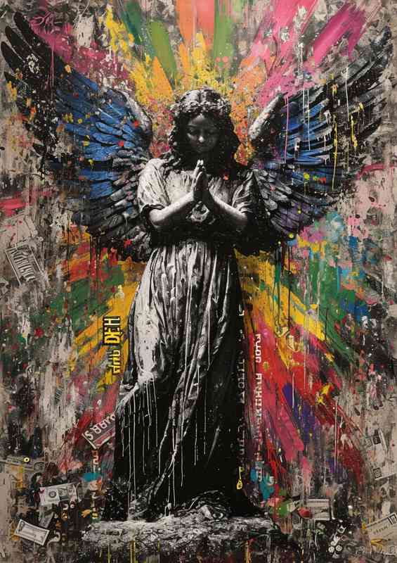 A large black and white picture of a tattoo angel | Metal Poster