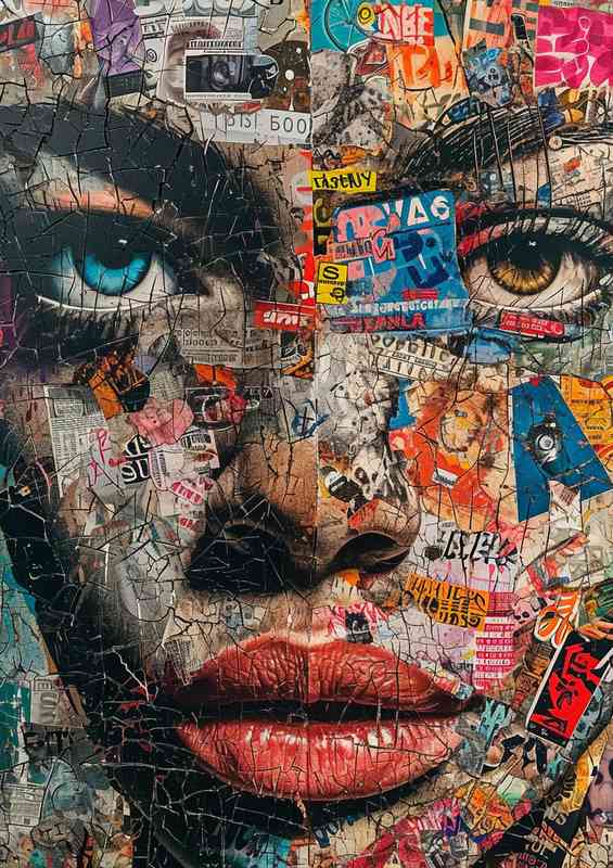 A poster of a face covered in various stickers | Metal Poster