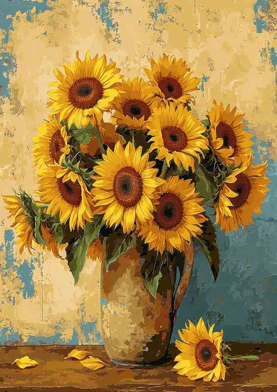 A vase of sunflowers on a table | Metal Poster