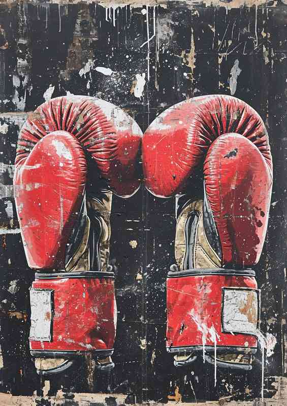 Black and white painting of a pair of red boxing gloves | Metal Poster