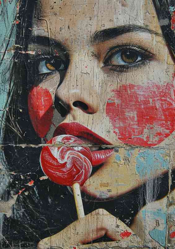 Graffiti woman holding up a lollipop | Metal Poster