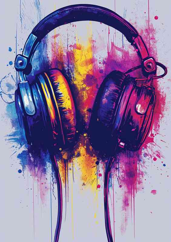 Headphones with colorful splatters purple and yellows | Metal Poster