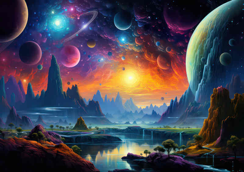 Planets of the universe on a fantasy landscape | Metal Poster