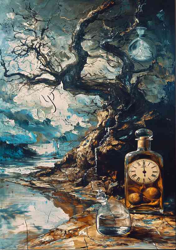 Painting of a clock a tree and an empty bottle | Metal Poster