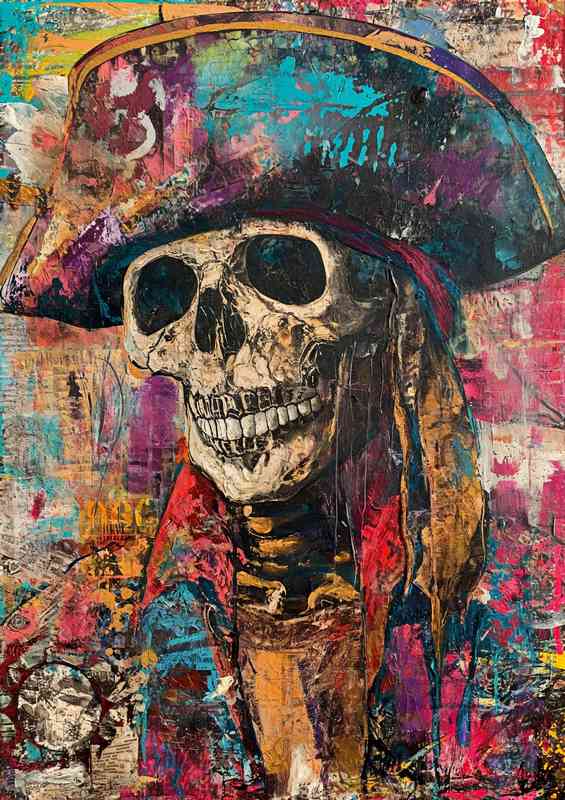 Painting of a skull wearing a pirate hat street art | Metal Poster