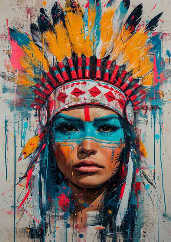 Painting of an american indian splatter art | Metal Poster