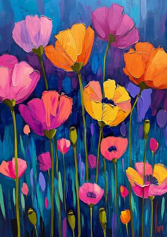 Poppies with array of colours in a field | Metal Poster